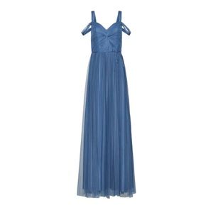 Marchesa notte slate blue off the shoulder tulle overlay dress